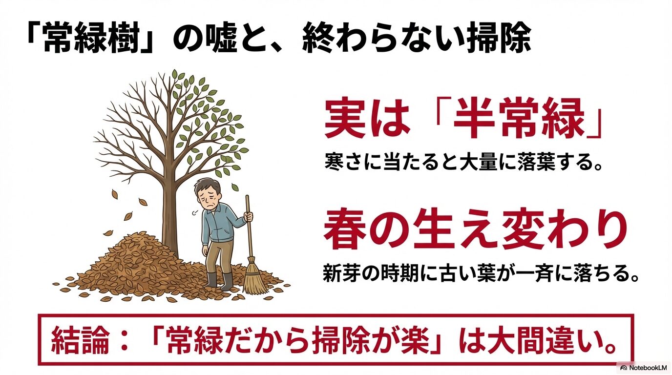 シマトネリコの落葉掃除の負担。常緑樹ではなく半常緑樹であるため冬や春に大量落葉する様子