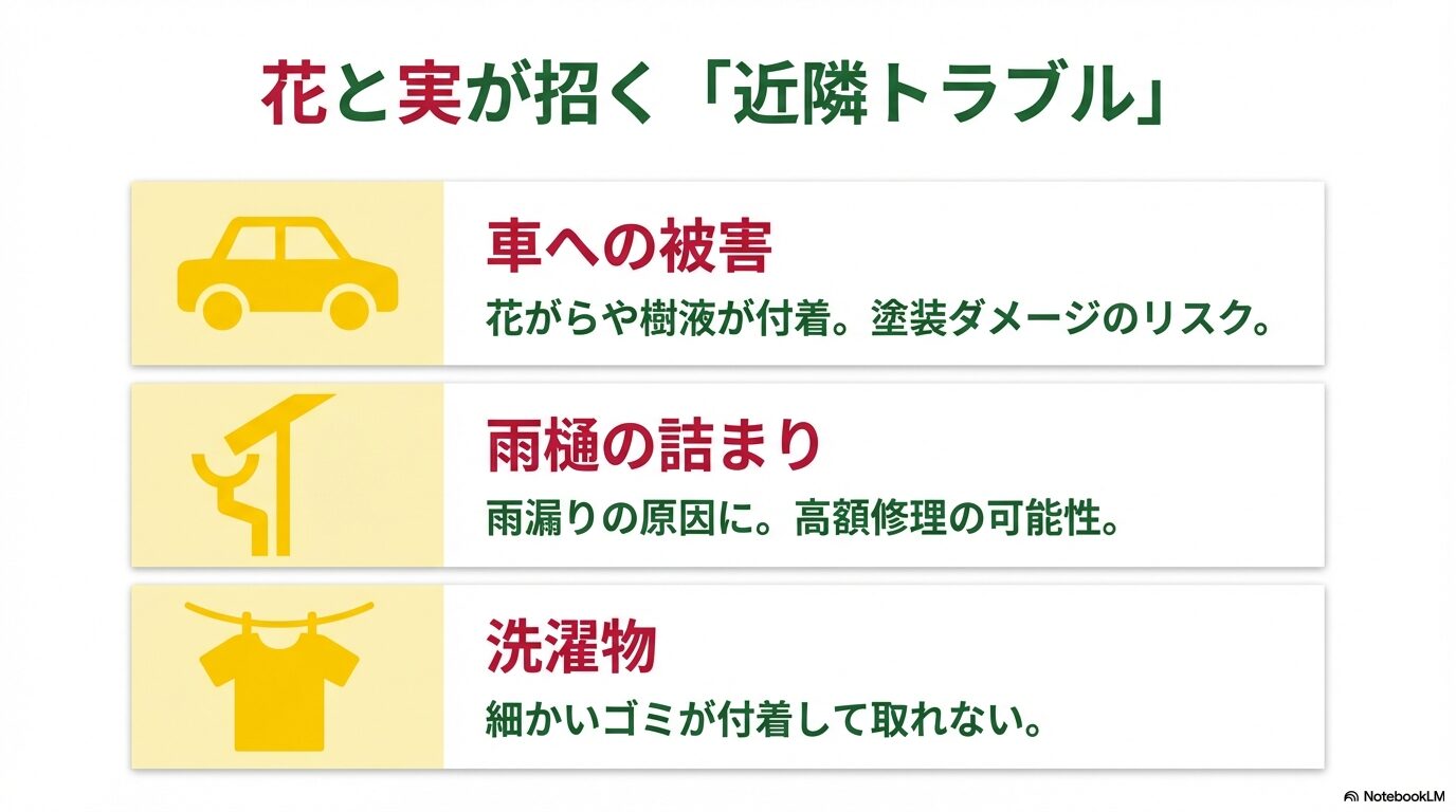 シマトネリコの花と実による被害一覧。車の汚れ、雨樋の詰まり、洗濯物の付着リスク