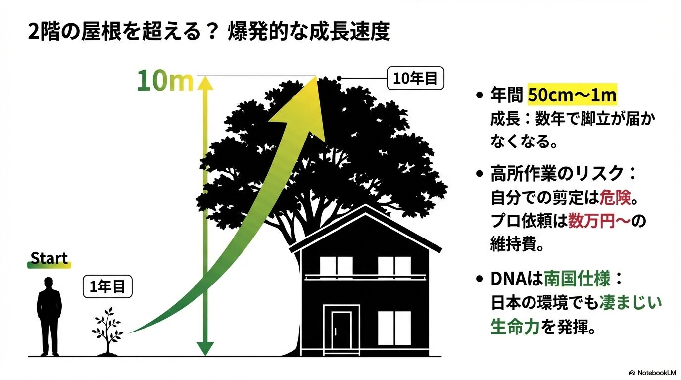 シマトネリコの成長速度図解。1年目から10年目で10mを超え2階の屋根に達する様子