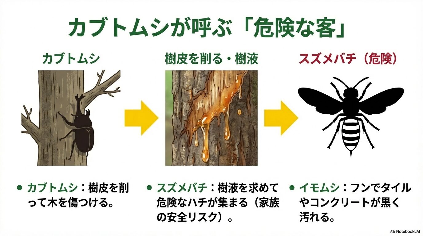 シマトネリコに集まるカブトムシと、樹液を求めて飛来するスズメバチの危険性を示すイラスト