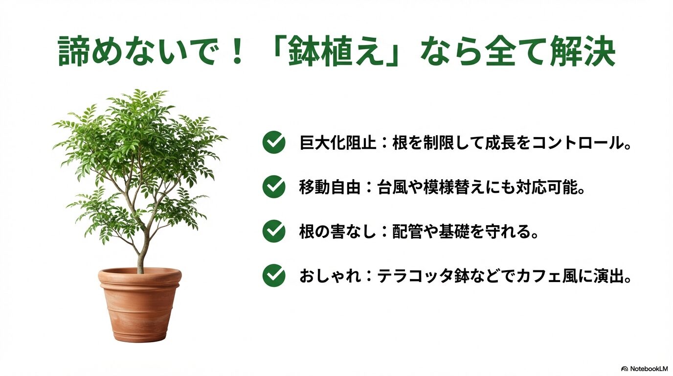 シマトネリコを鉢植えで管理するメリット。巨大化阻止、移動の自由、根害防止についての解説