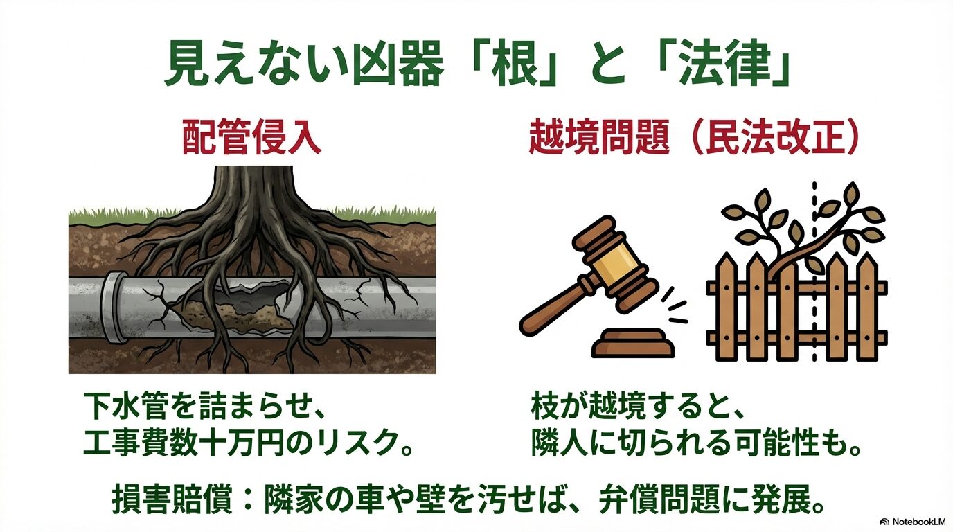 シマトネリコの根による配管破壊リスクと、枝の越境による法的トラブル・損害賠償の解説図