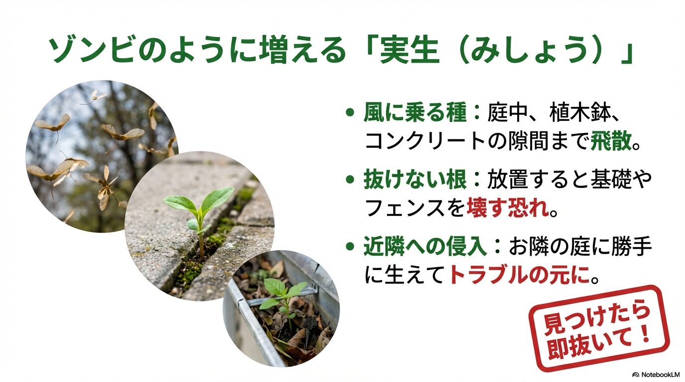 雨樋やコンクリートの隙間から勝手に生えるシマトネリコの実生(みしょう)トラブルの図解