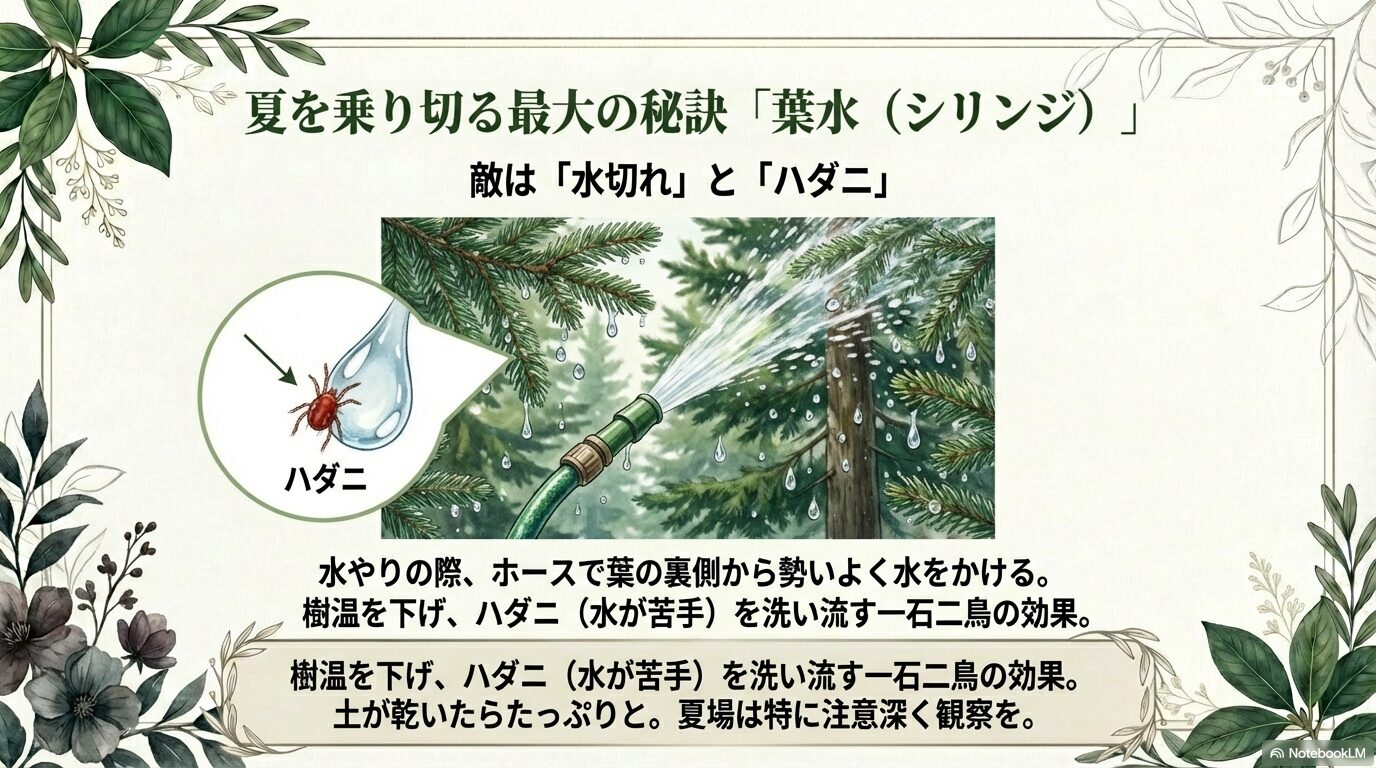 もみの木のハダニ予防に効果的な、葉の裏側への葉水(シリンジ)の方法