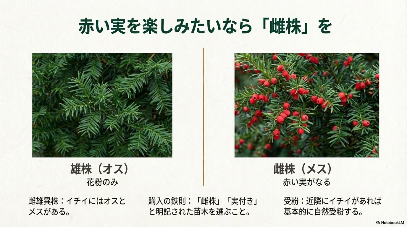 赤い実がなるイチイの雌株の特徴と、雄株との違い・苗木購入時の確認ポイント