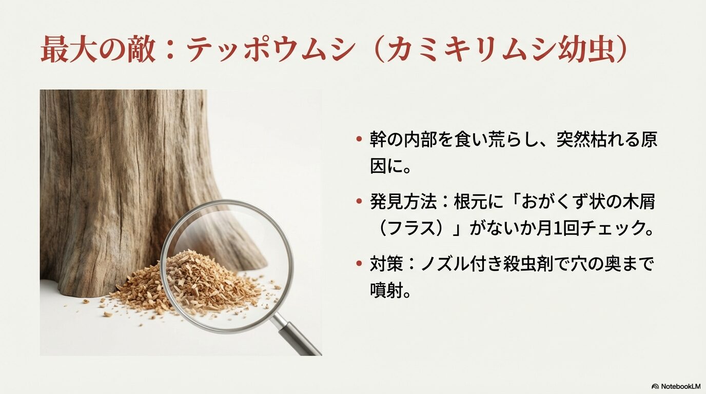 テッポウムシ被害の兆候である根元の木屑(フラス)と早期発見の重要性