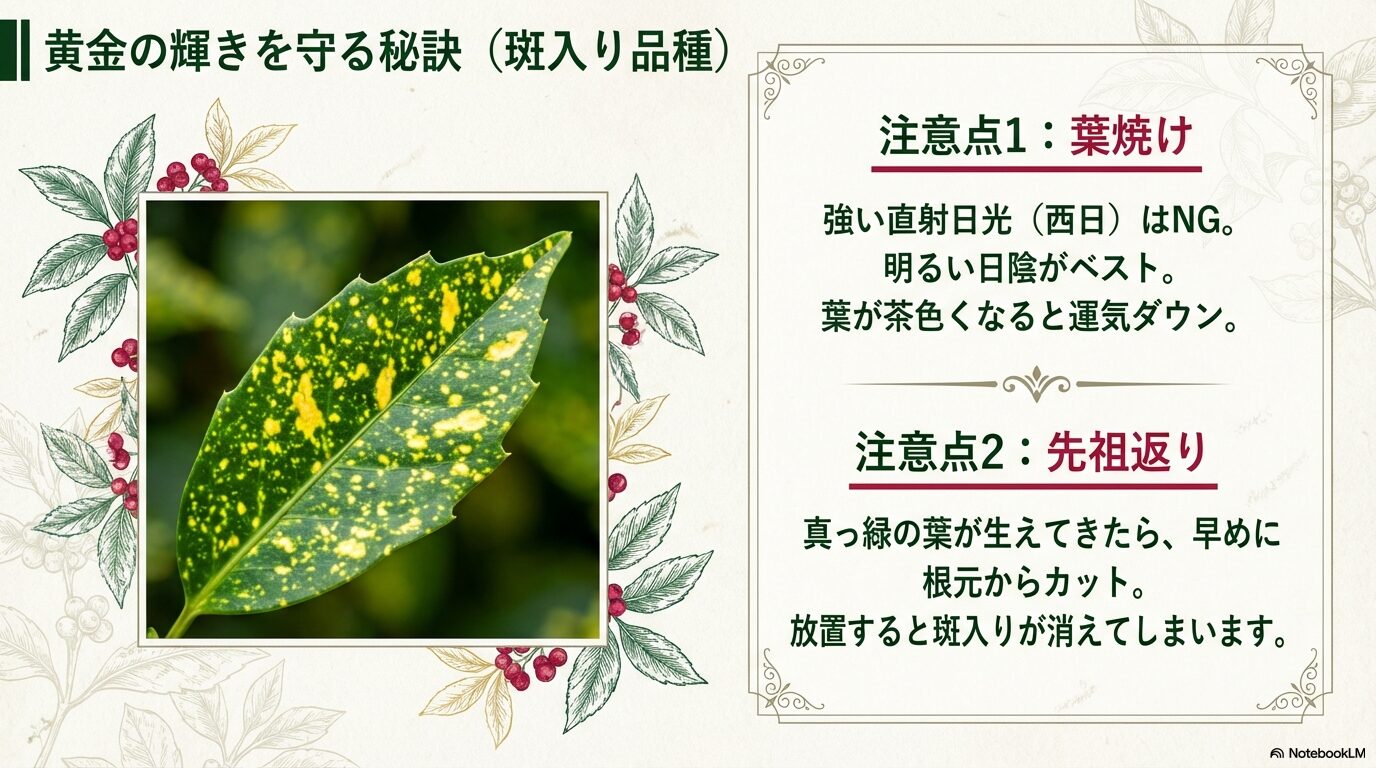 斑入りアオキの葉焼け対策と先祖返りの対処法