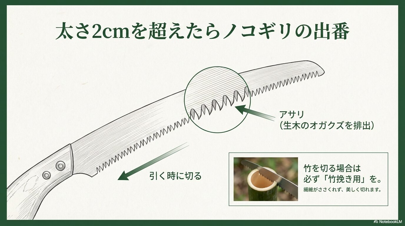 剪定用ノコギリの選び方と竹挽き用ノコギリの使用例
