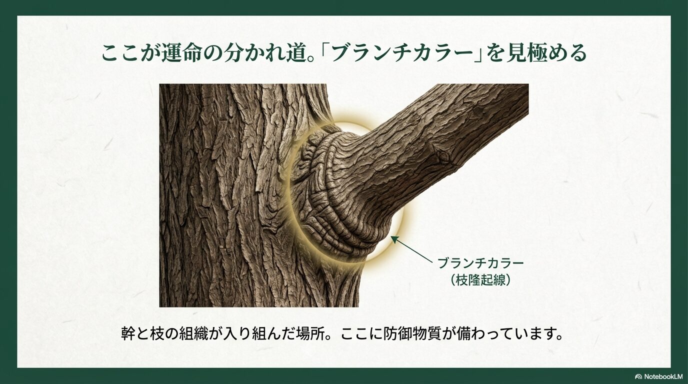 剪定位置の重要な目安となるブランチカラー（枝隆起線）の写真