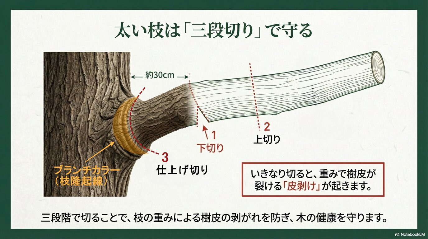 太い枝を安全に切るための三段切りの手順図解