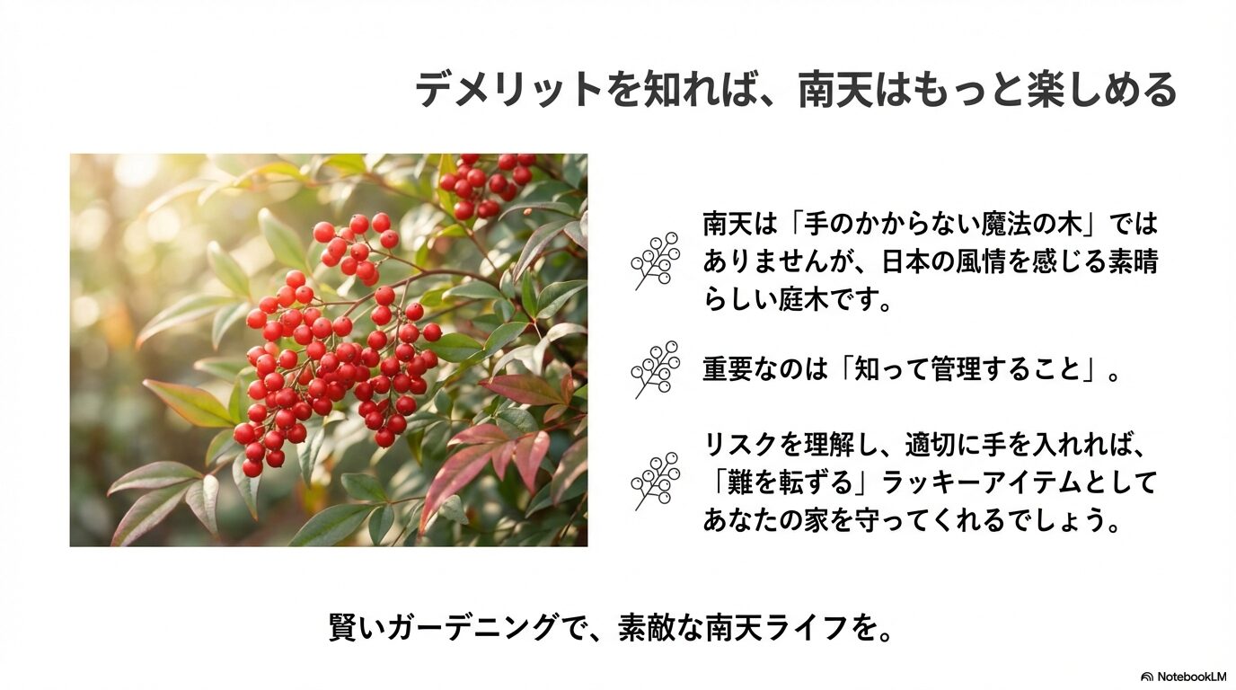 デメリットを知れば南天はもっと楽しめるというイメージ