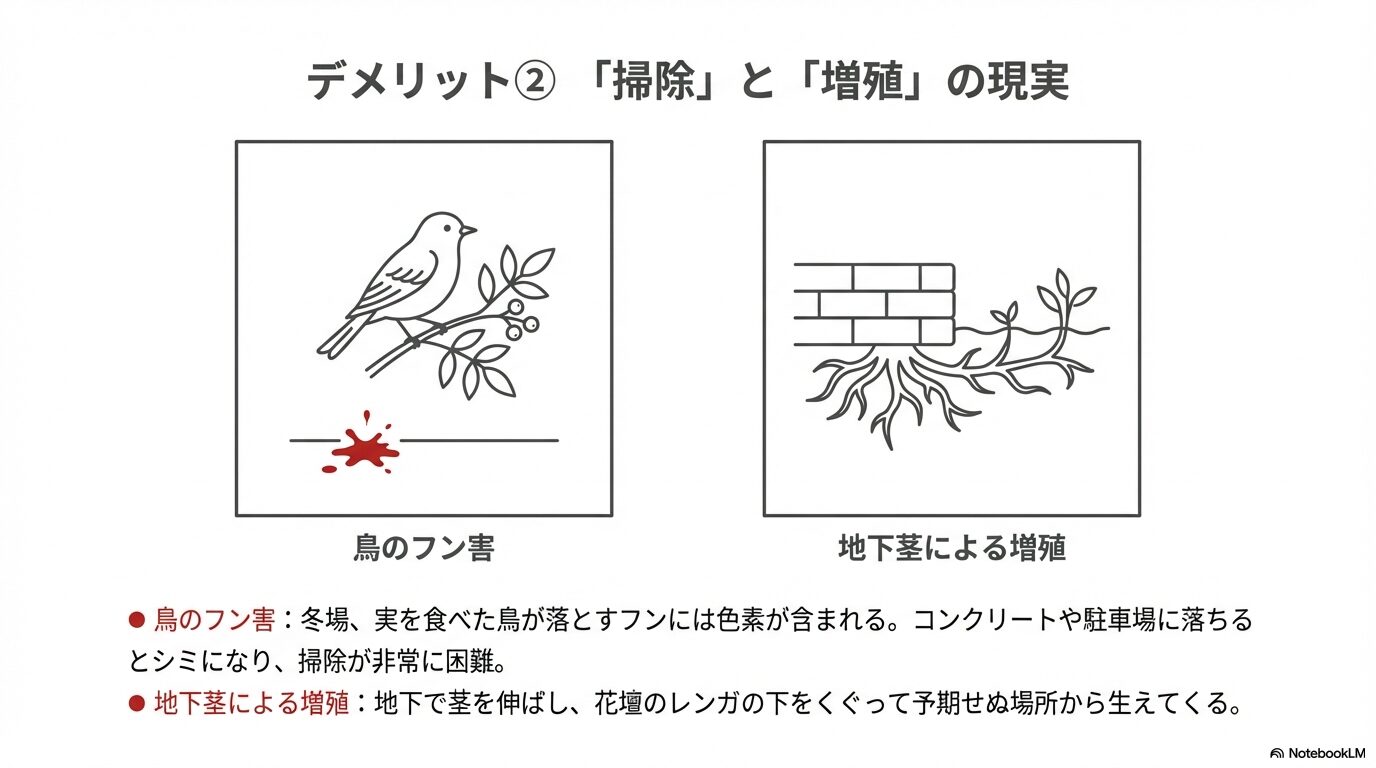 鳥のフン害や地下茎による増殖のイメージ
