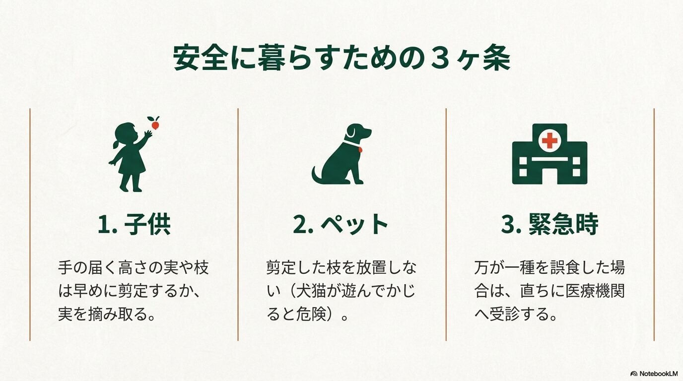 安全に暮らすための３カ条（子供、ペット、緊急時）に気を付けるイメージ