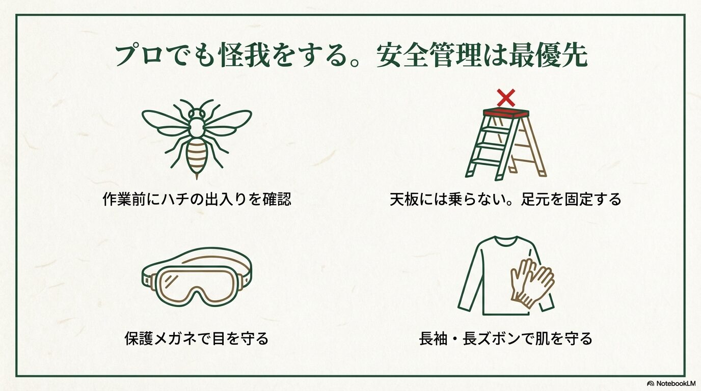 剪定作業の安全対策と服装（保護メガネ・脚立・ハチ対策）