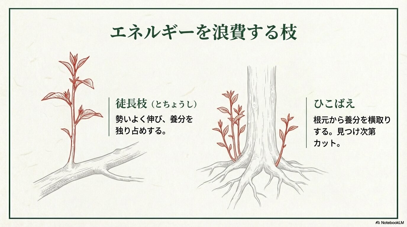 切るべき忌み枝の図解：徒長枝（とちょうし）とひこばえ