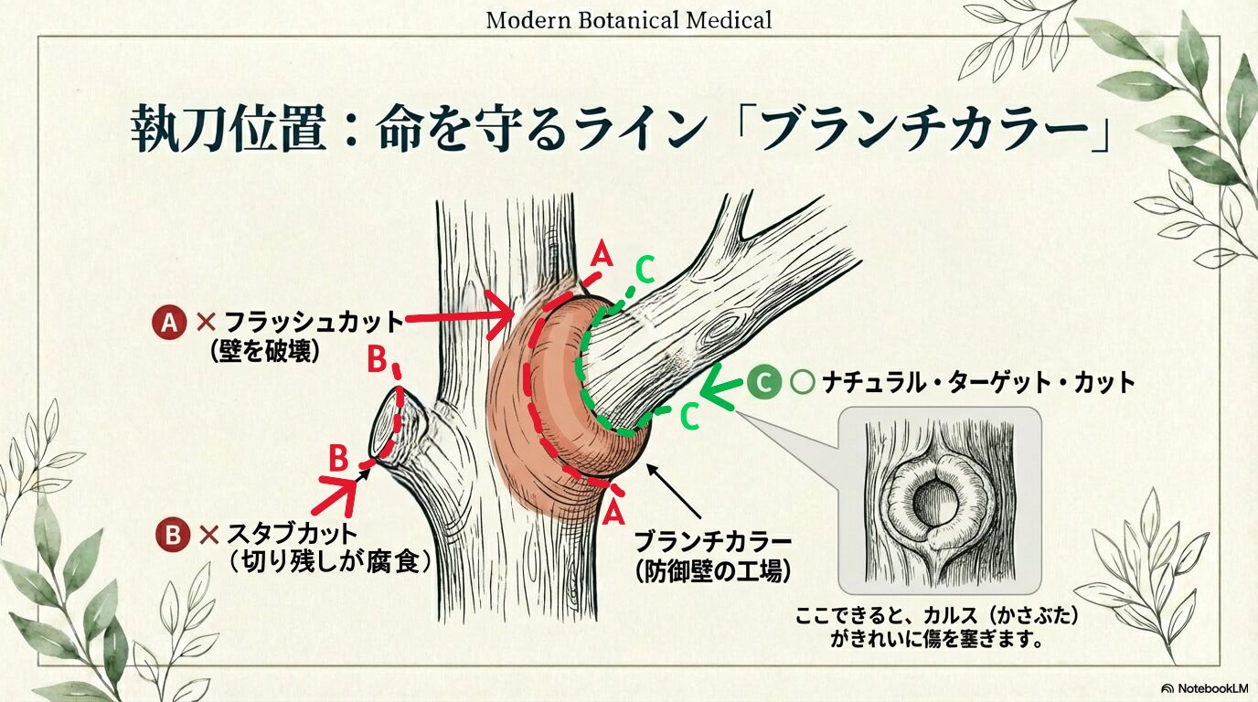 正しい剪定位置（ナチュラルターゲットカット）と間違った切り方の図解