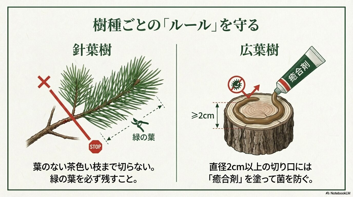 針葉樹剪定のルール:緑の葉を残して切る重要性