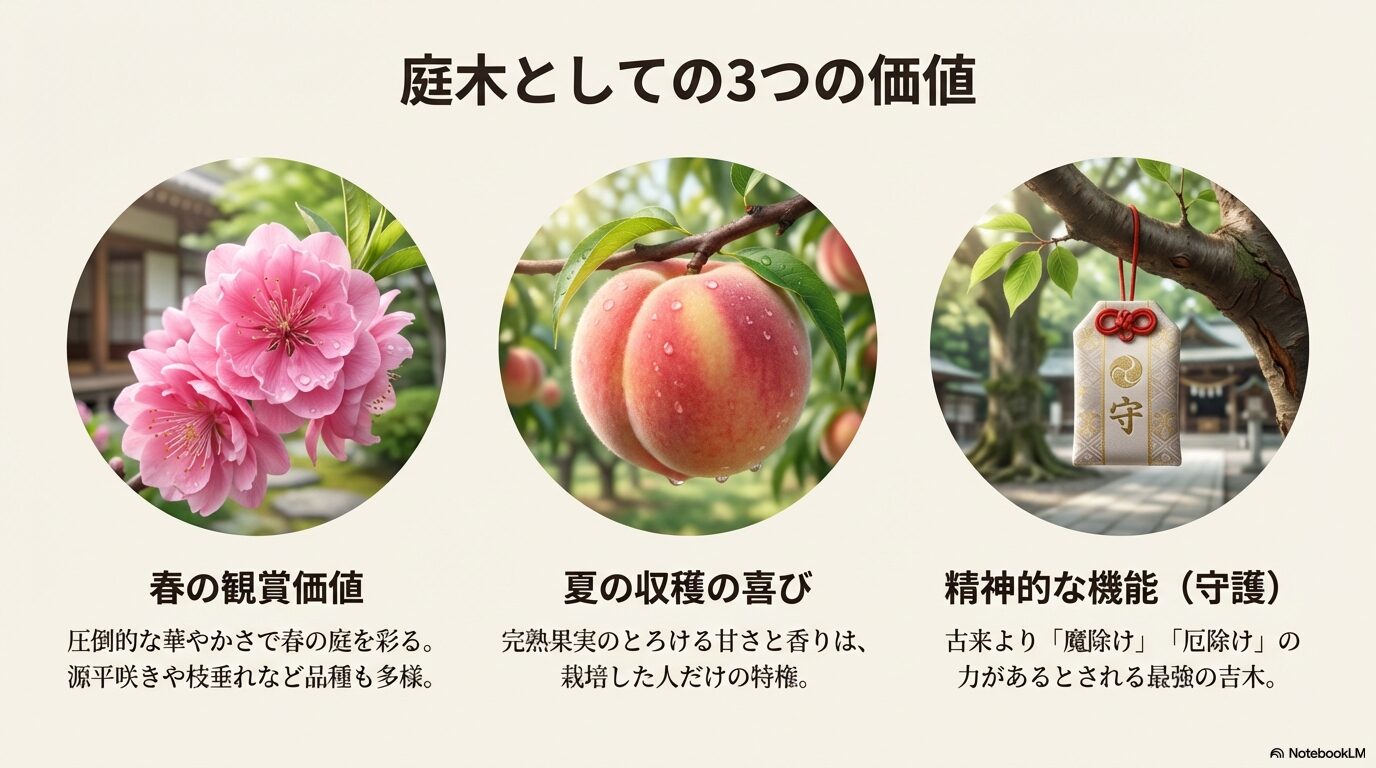 桃の木を庭に植える3つのメリット。春の観賞価値、夏の収穫の喜び、魔除けとしての精神的機能の解説。