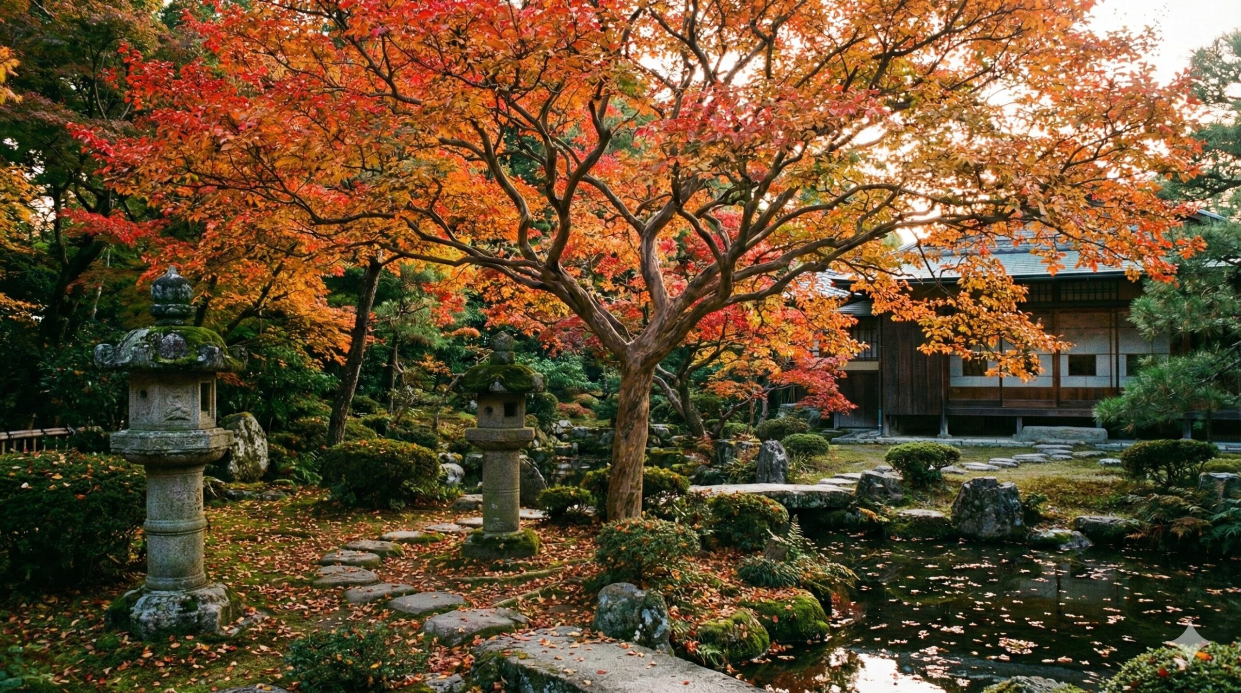 日本庭園に立派なサルスベリの木が紅葉している