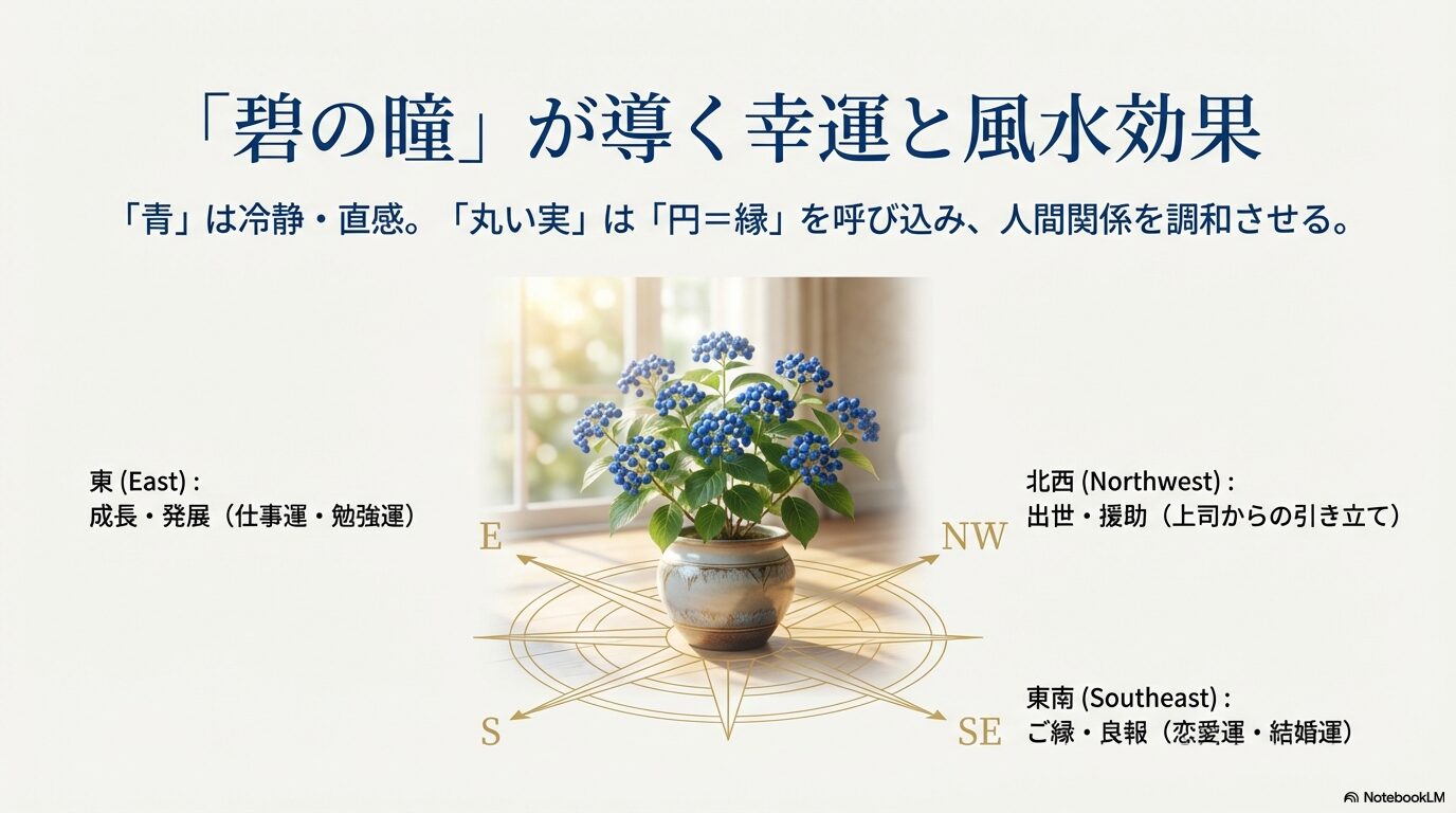 碧の瞳がもたらす風水効果（東、北西、東南）と、人間関係を調和させる青い丸い実の運気アップ効果