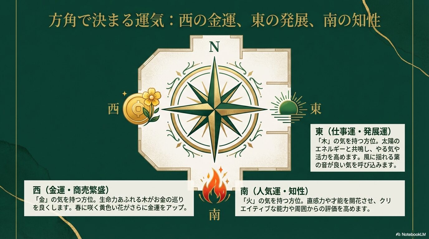 月桂樹の風水効果と方角(西の金運、東の発展、南の知性)の解説図