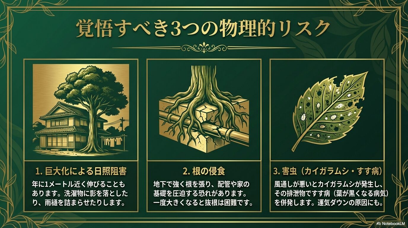 月桂樹の巨大化、根の侵食、カイガラムシ被害などの物理的リスクのイラスト