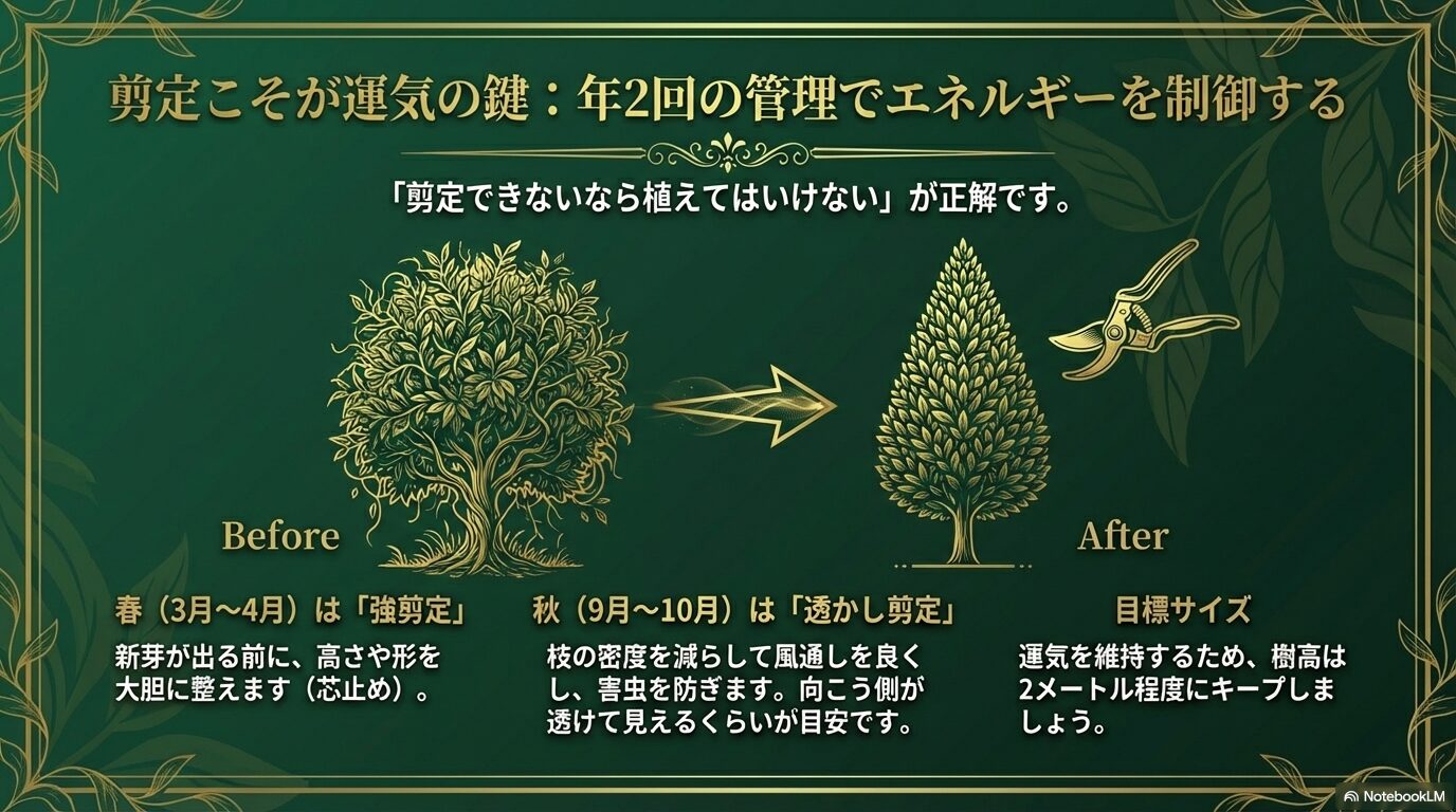 月桂樹の年2回の剪定方法(春の強剪定と秋の透かし剪定)のビフォーアフター図