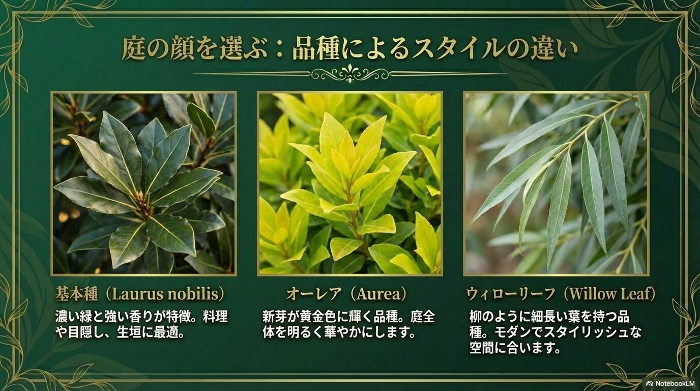 月桂樹の品種比較(基本種、オーレア、ウィローリーフベイ)の写真