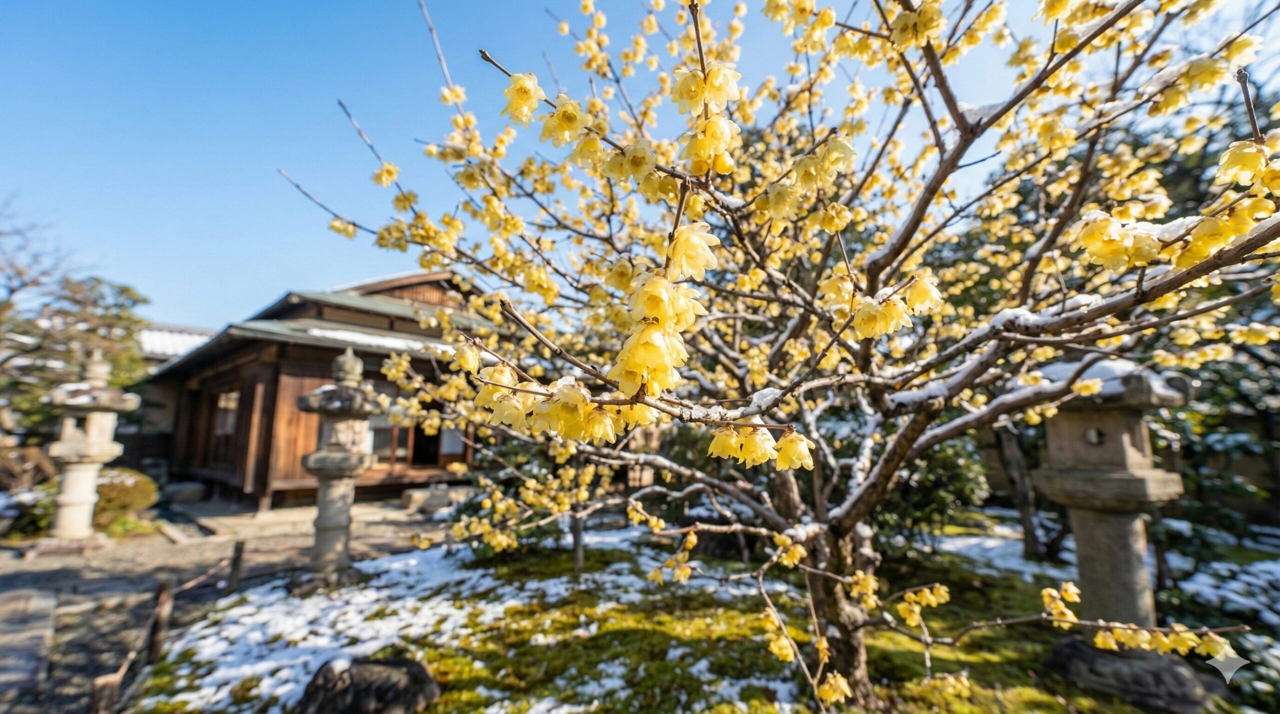 冬の青空の下、雪が残る庭園で満開に咲き誇る黄金色の蝋梅の花。実には毒があるが、花と香りは安全に楽しめることを象徴する美しい光景。