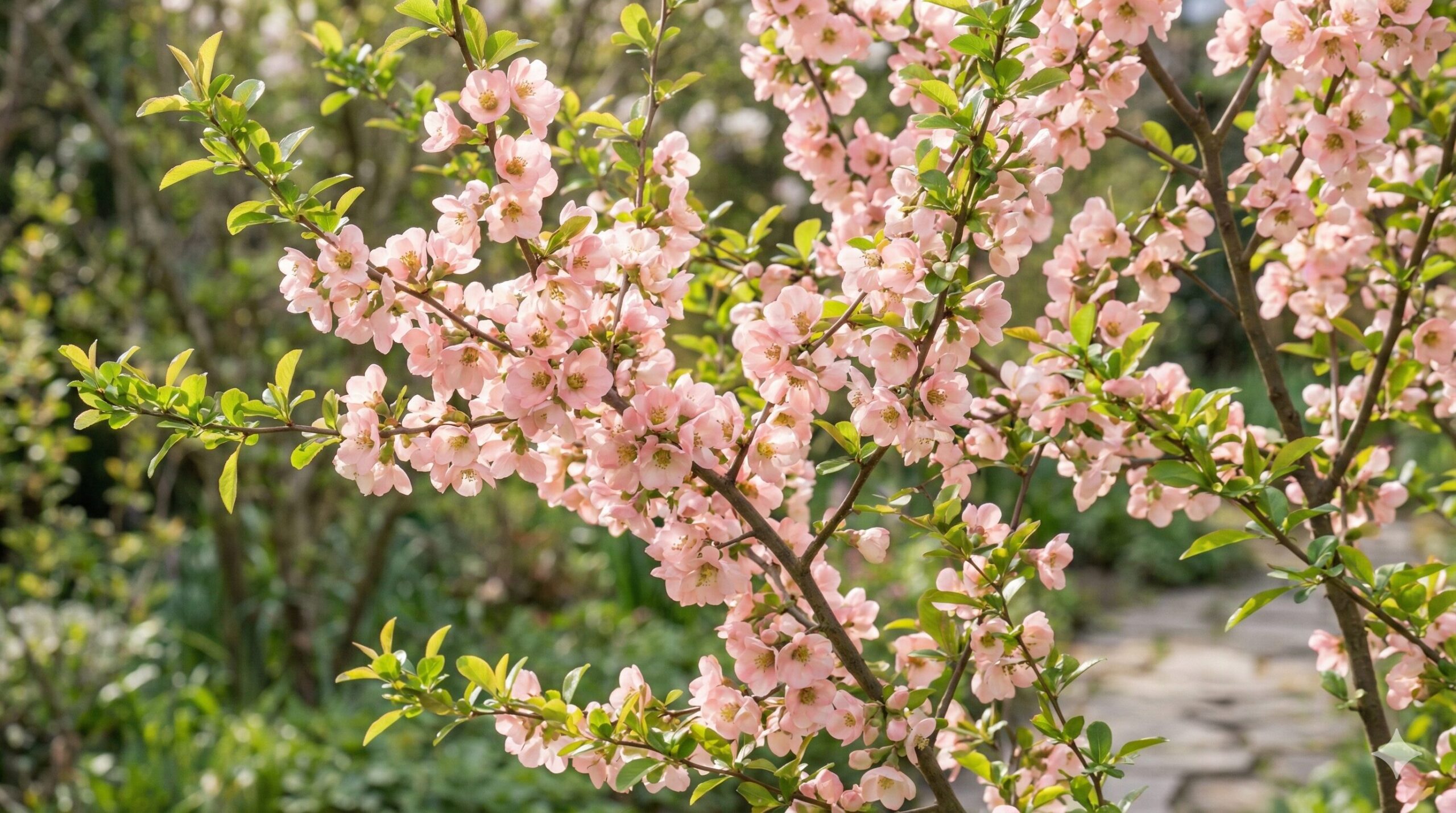 新緑の若葉とともに咲き誇る、淡いピンク色のかりんの花のクローズアップ写真。春の柔らかな日差しに包まれた庭木の風景。