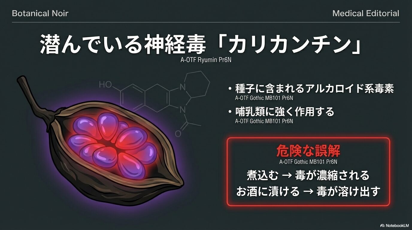 誤食した場合の中毒症状。激しい嘔吐、強直性けいれん、呼吸麻痺のリスク。
