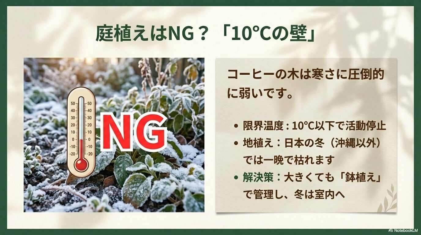 コーヒーの木は寒さに弱く、限界温度10度以下で枯れるため庭植えがNGである理由の解説スライド