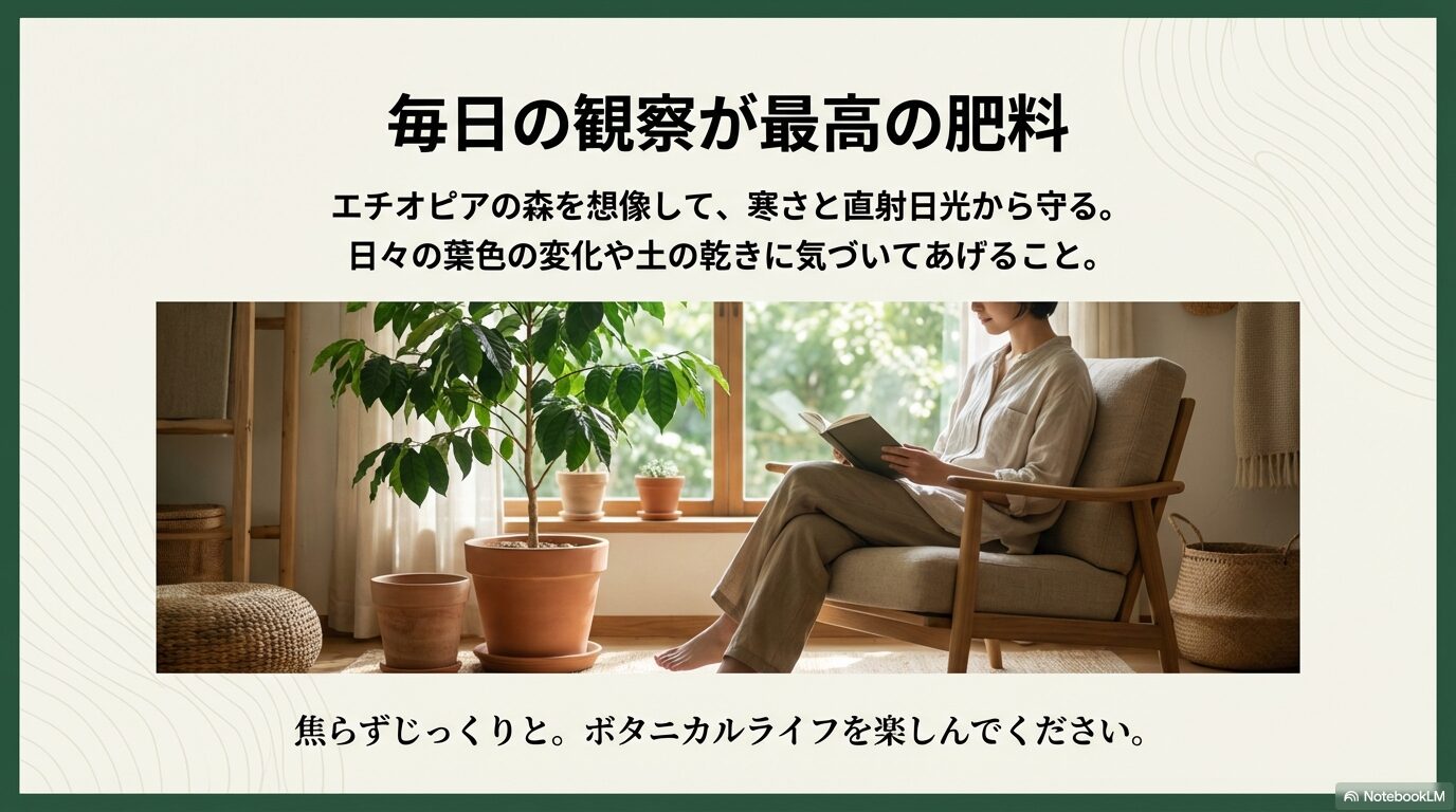 毎日の観察が最高の肥料となる、コーヒーの木とのリラックスしたボタニカルライフのイメージスライド