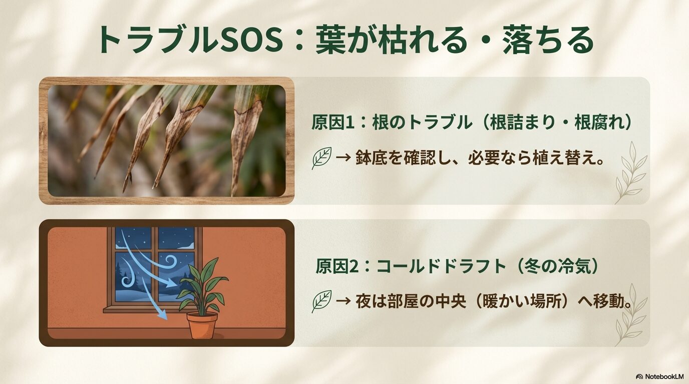 コーヒーの木の葉の先端が枯れる根詰まりや冬の冷気などのトラブル原因と対策スライド