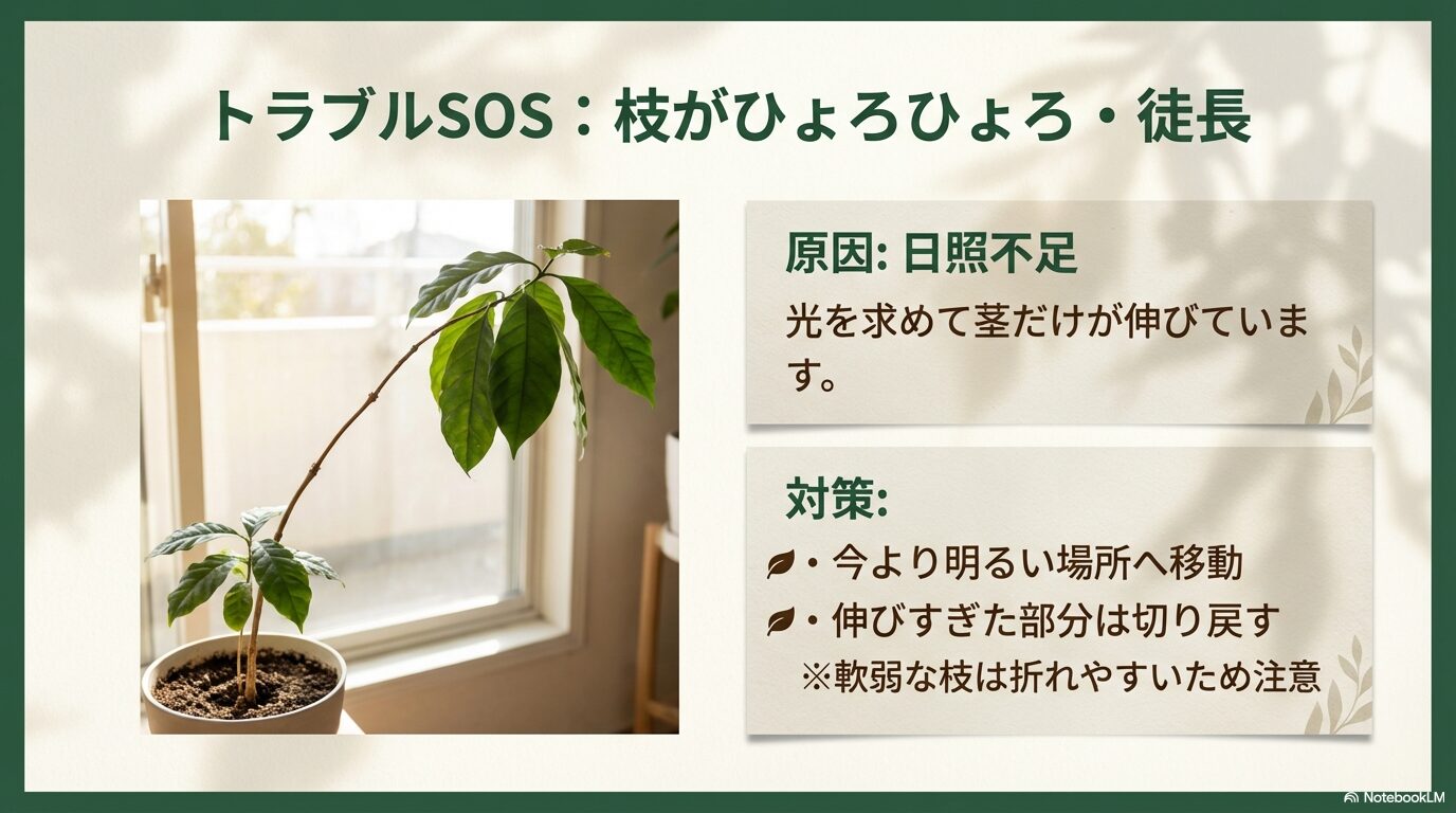 日照不足でコーヒーの木がひょろひょろに徒長したトラブルの原因と対策スライド