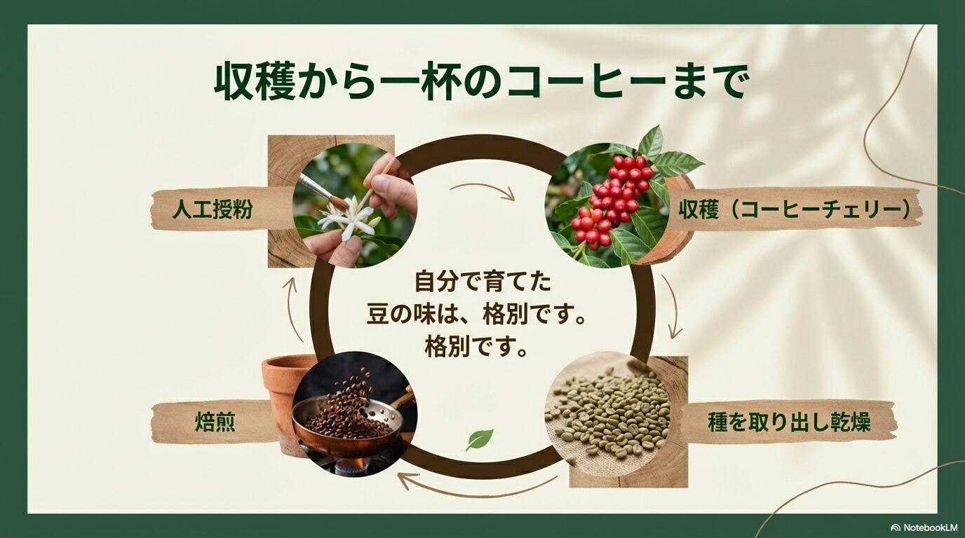 コーヒーの実の収穫、人工授粉、乾燥、焙煎といった一杯のコーヒーを淹れるまでのロードマップスライド