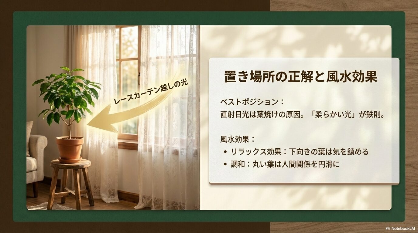 室内でコーヒーの木を育てる際のレースカーテン越しの光と風水効果の解説スライド