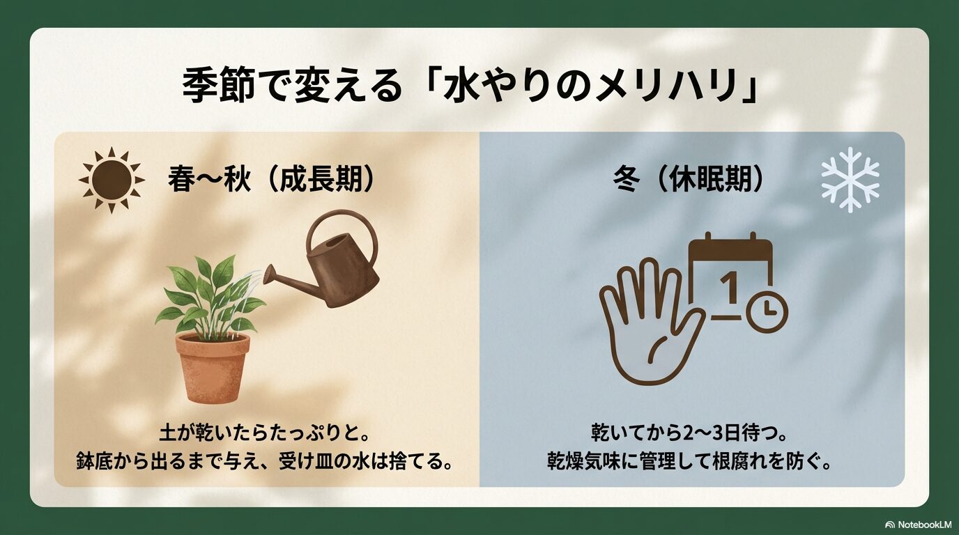 コーヒーの木の成長期と休眠期で異なる水やりのメリハリを解説したスライド