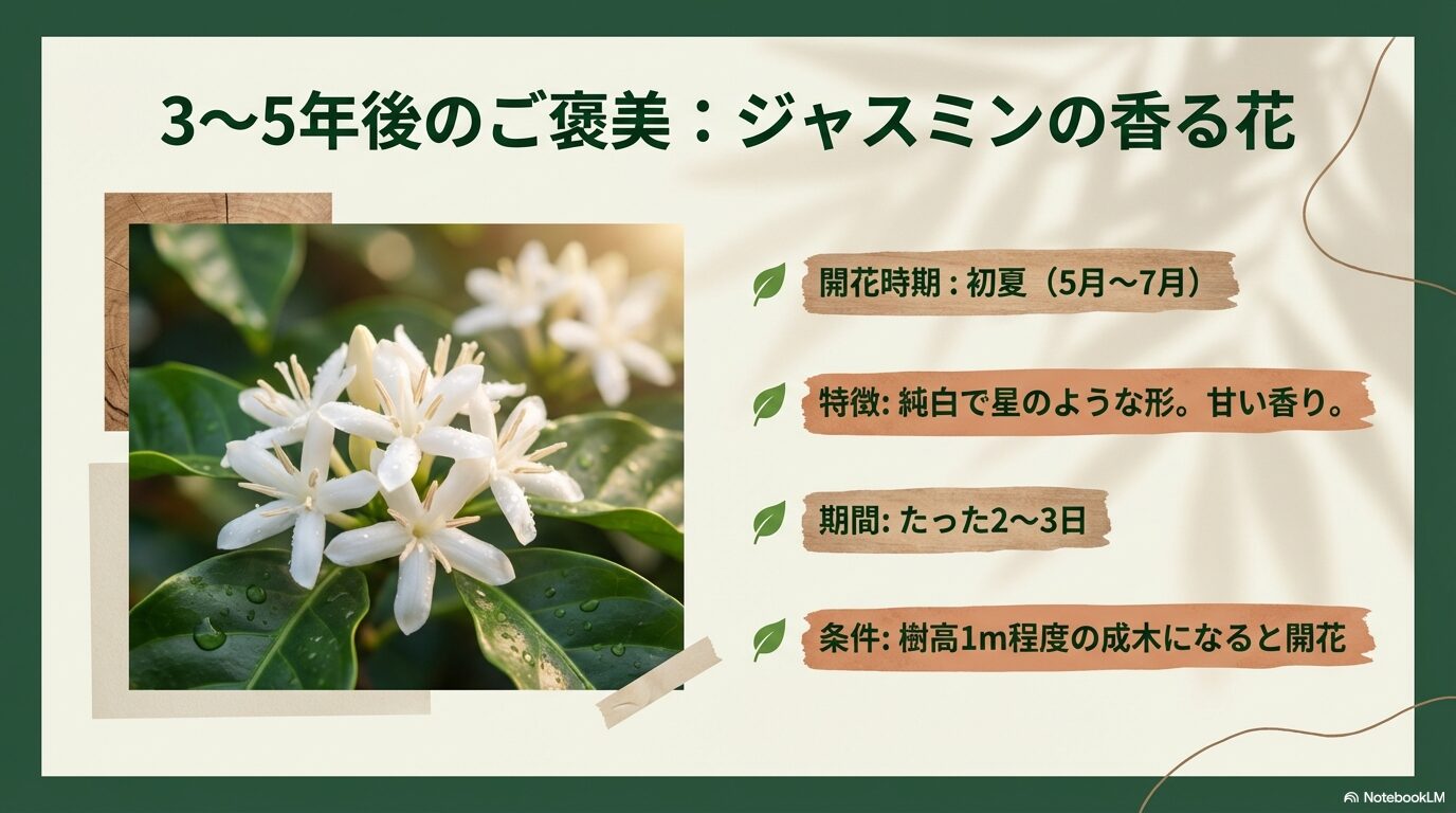 3年から5年後に開花する、ジャスミンの香りがするコーヒーの木の白い花のスライド