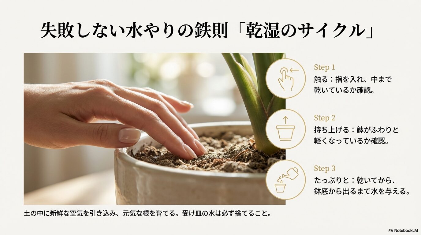 土の中の乾湿サイクルを意識した水やりの3ステップ（触る、持ち上げる、たっぷり与える）