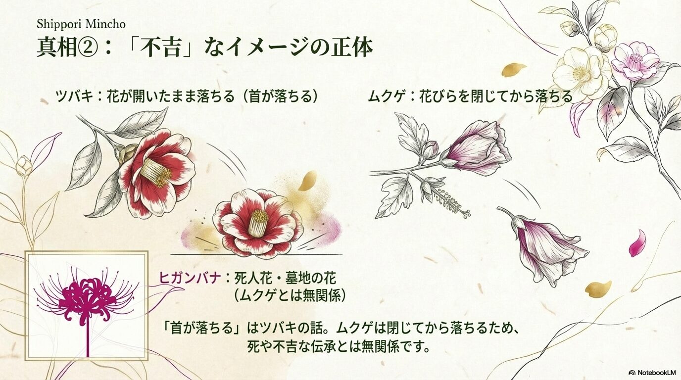 花がボトッと落ちるツバキや死人花と呼ばれるヒガンバナと、ムクゲの違いを比較した解説図