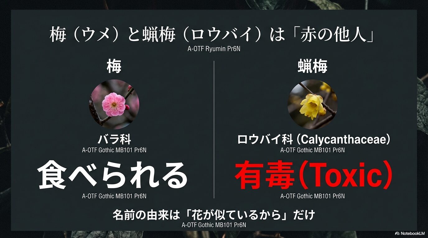 梅(バラ科)と蝋梅(ロウバイ科)の違い。分類と毒性の有無を比較した図。