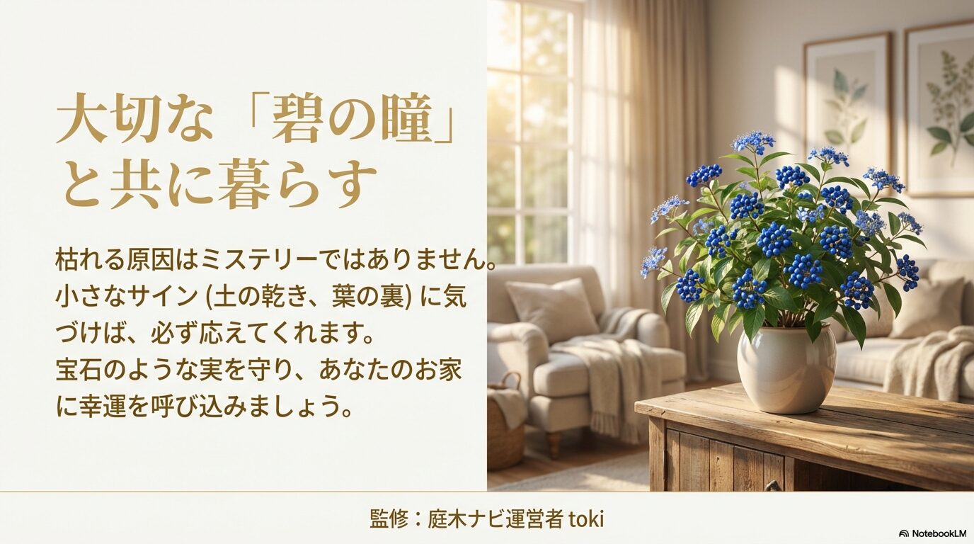 枯れる原因のサインを見逃さず、美しい瑠璃色の実を守りながら常山アジサイを楽しむためのメッセージ