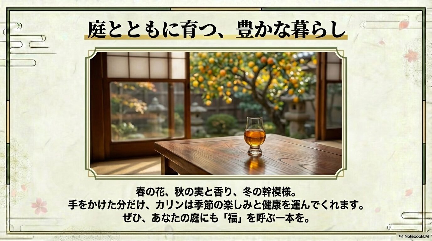 縁側でカリン酒を楽しむ情緒ある写真と「庭とともに育つ、豊かな暮らし」というメッセージが、読後の満足感を高め、実際に植えてみたいという気持ちを後押しします。