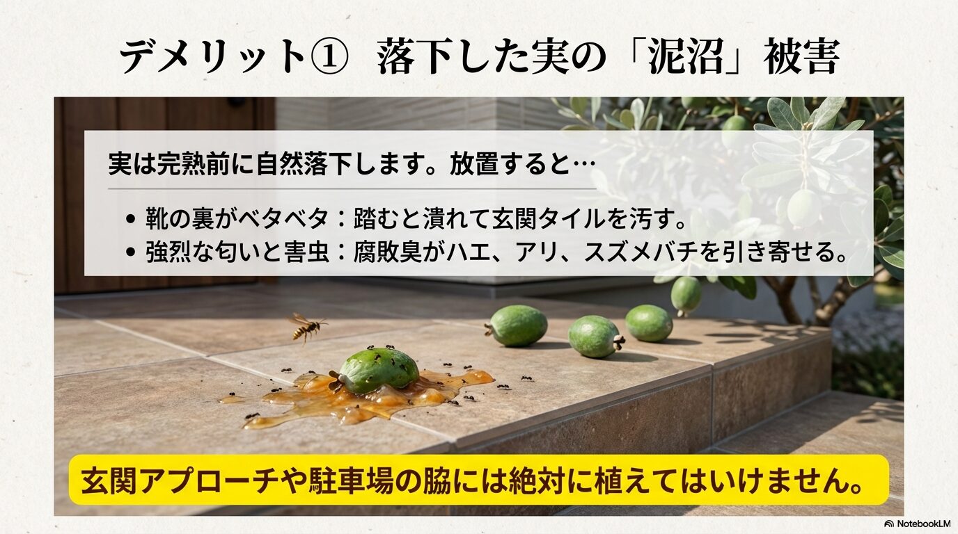 デメリット1：落下したフェイジョアの実による汚れと悪臭被害