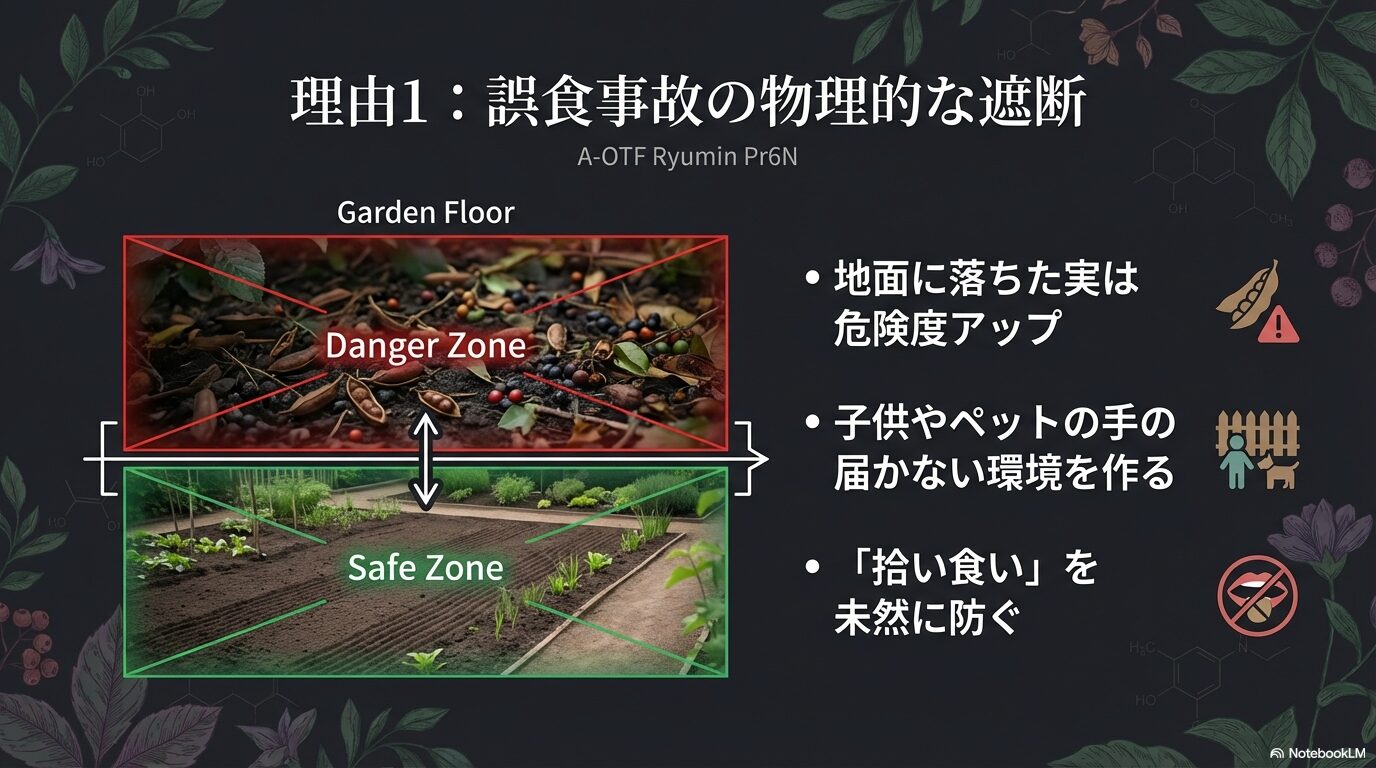 庭の危険ゾーン(実が落ちている場所)と安全ゾーンの管理イメージ図。