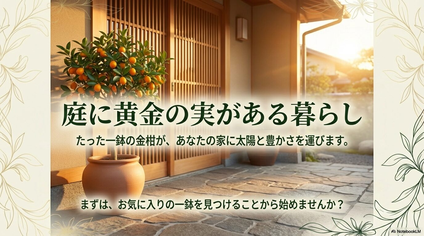 たった一鉢の金柑が太陽と豊かさを運ぶというメッセージと、暮らしの中に金柑がある風景。