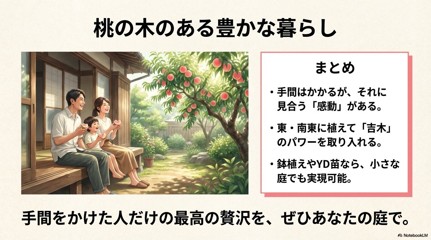 桃の木を庭で育てるポイントのまとめ。手間以上の感動、吉方位への植栽、小さな庭での楽しみ方の再確認。