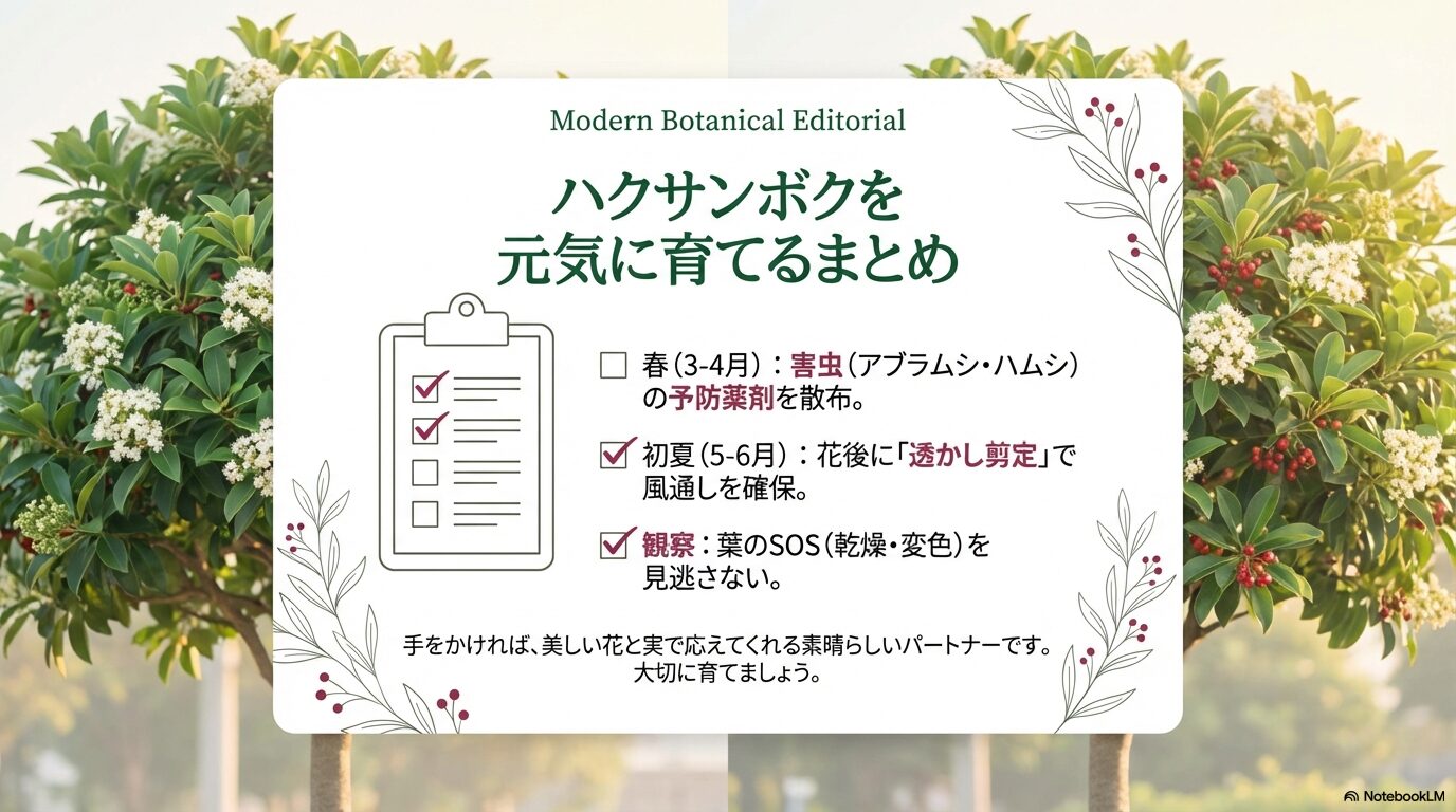 春の薬剤散布、初夏の透かし剪定、日々の観察といった重要ポイントを季節ごとにまとめたスライド。「手をかければ美しい花と実で応えてくれる」というメッセージ