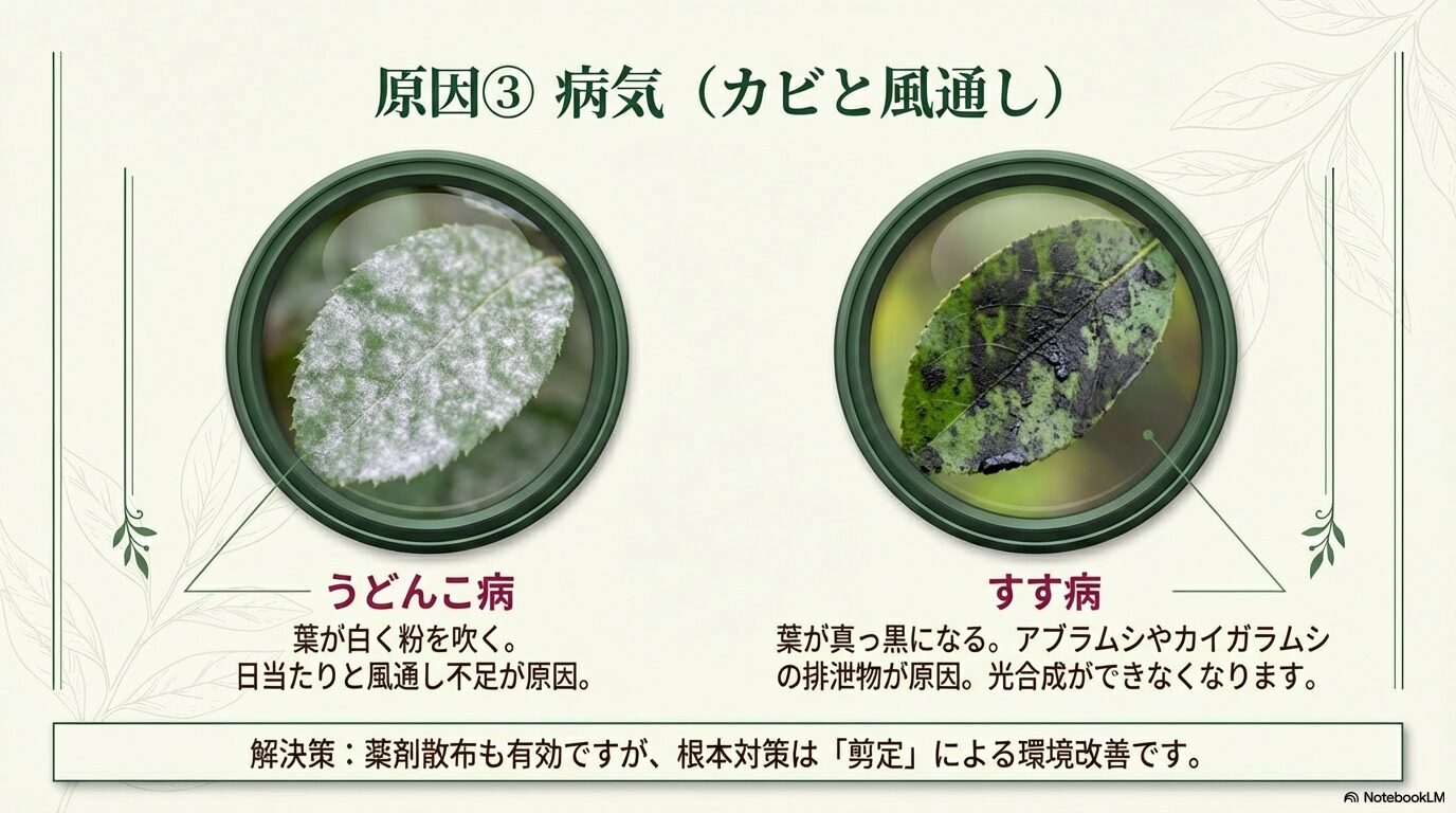 白く粉を吹いた葉（うどんこ病）と、黒く汚れた葉（すす病）の写真。「カビと風通し」が原因であることを解説したスライド